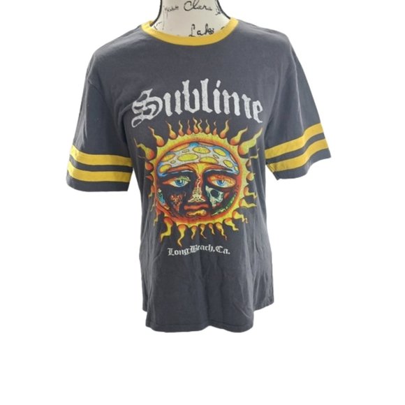 Tops - Sublime Retro Vintage Style Ringer T-Shirt Band Tee Womens Gray Yellow Size M